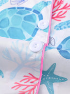 Turtle & Sea Element Print Pajama Set – Short Sleeve Lapel Button-Up & Shorts