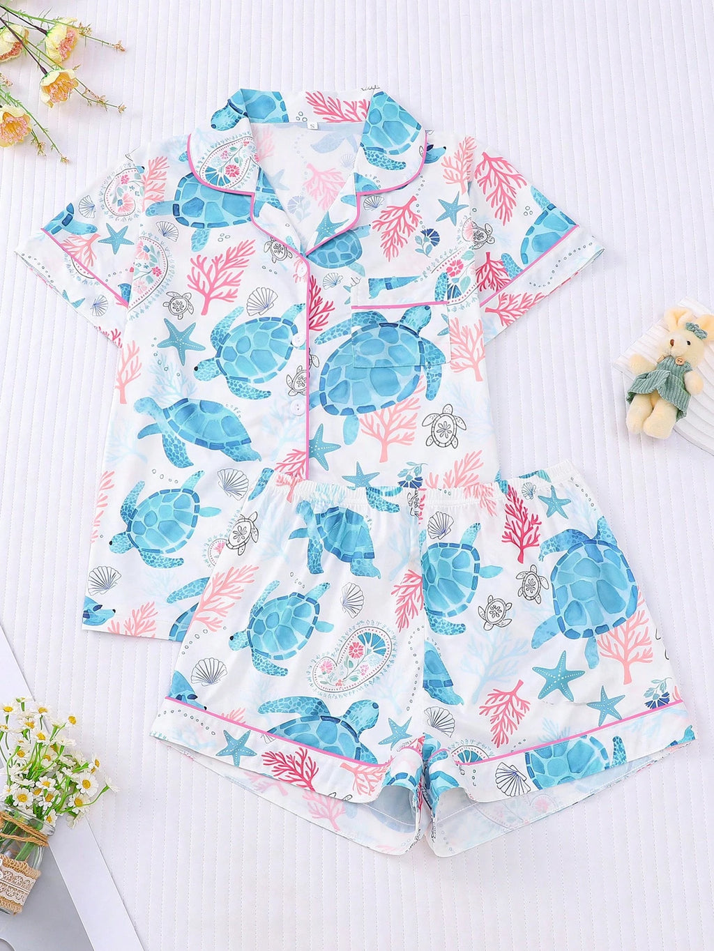 Turtle & Sea Element Print Pajama Set – Short Sleeve Lapel Button-Up & Shorts