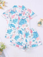 Turtle & Sea Element Print Pajama Set – Short Sleeve Lapel Button-Up & Shorts