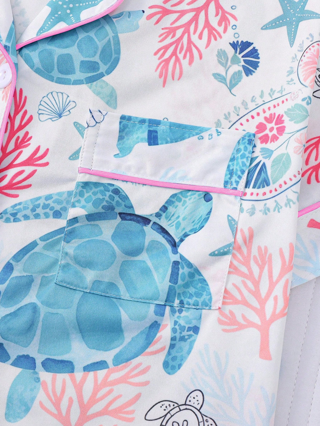 Turtle & Sea Element Print Pajama Set – Short Sleeve Lapel Button-Up & Shorts