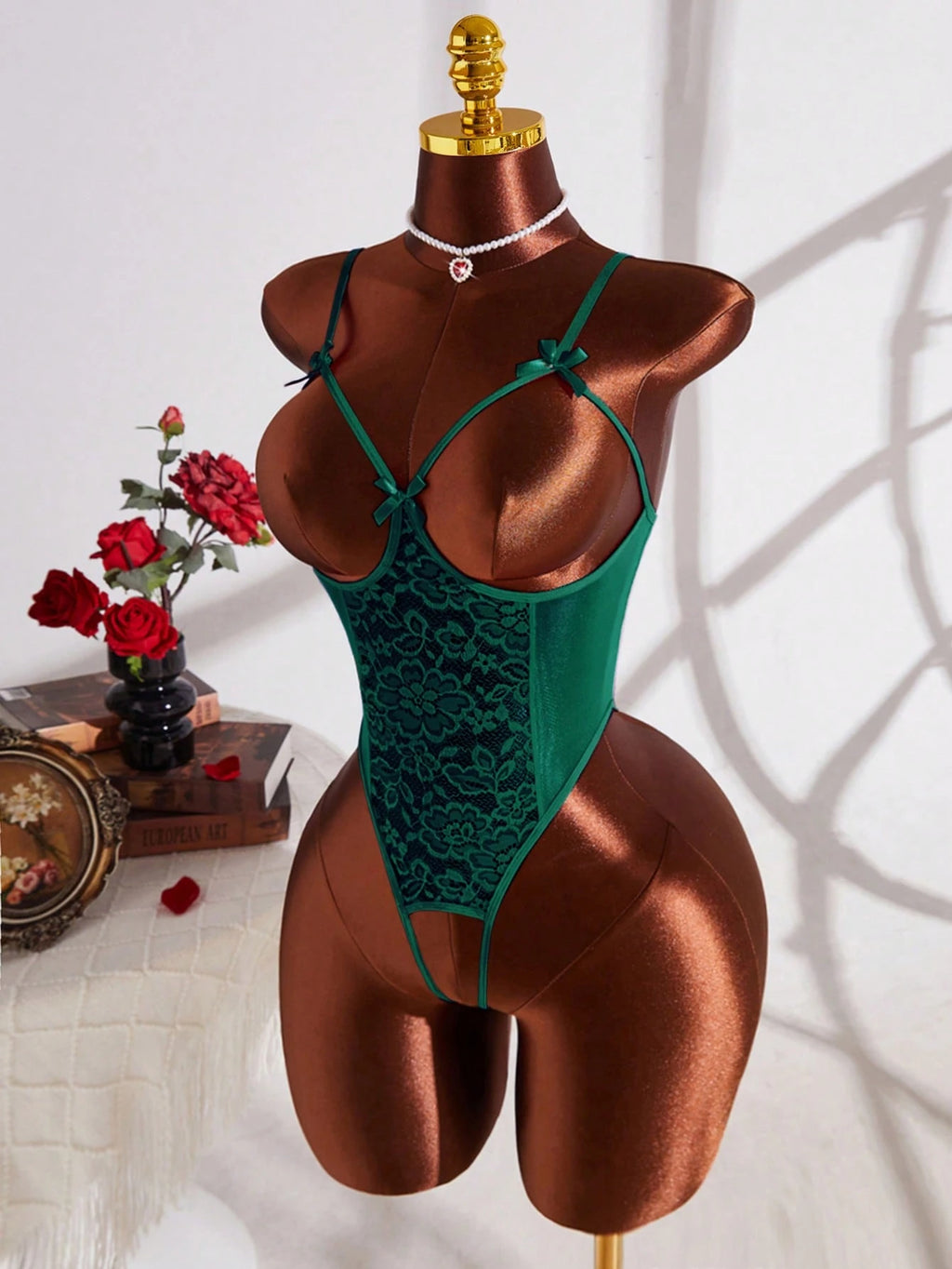 Women’s Solid Color Lace Bodysuit, Cutout Design with Adjustable Straps