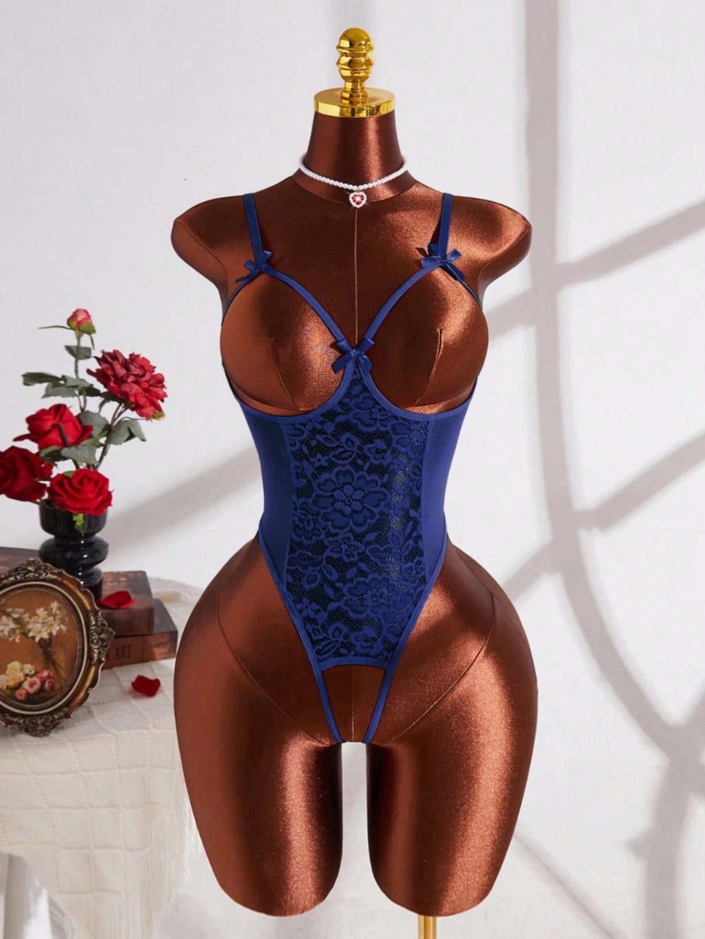 Women’s Solid Color Lace Bodysuit, Cutout Design with Adjustable Straps