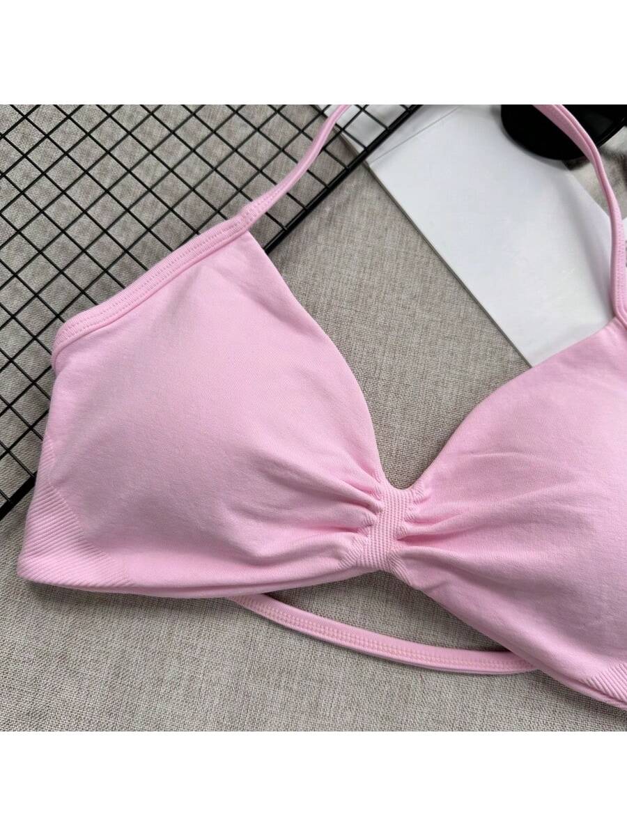 Backless Spaghetti Strap Sports Bra | Seamless Cropped Yoga Workout Camisole Top with Light Support