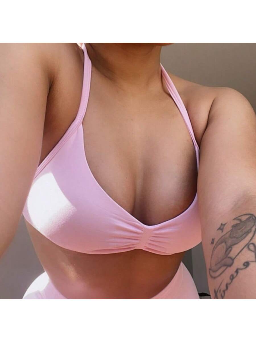 Backless Spaghetti Strap Sports Bra | Seamless Cropped Yoga Workout Camisole Top with Light Support
