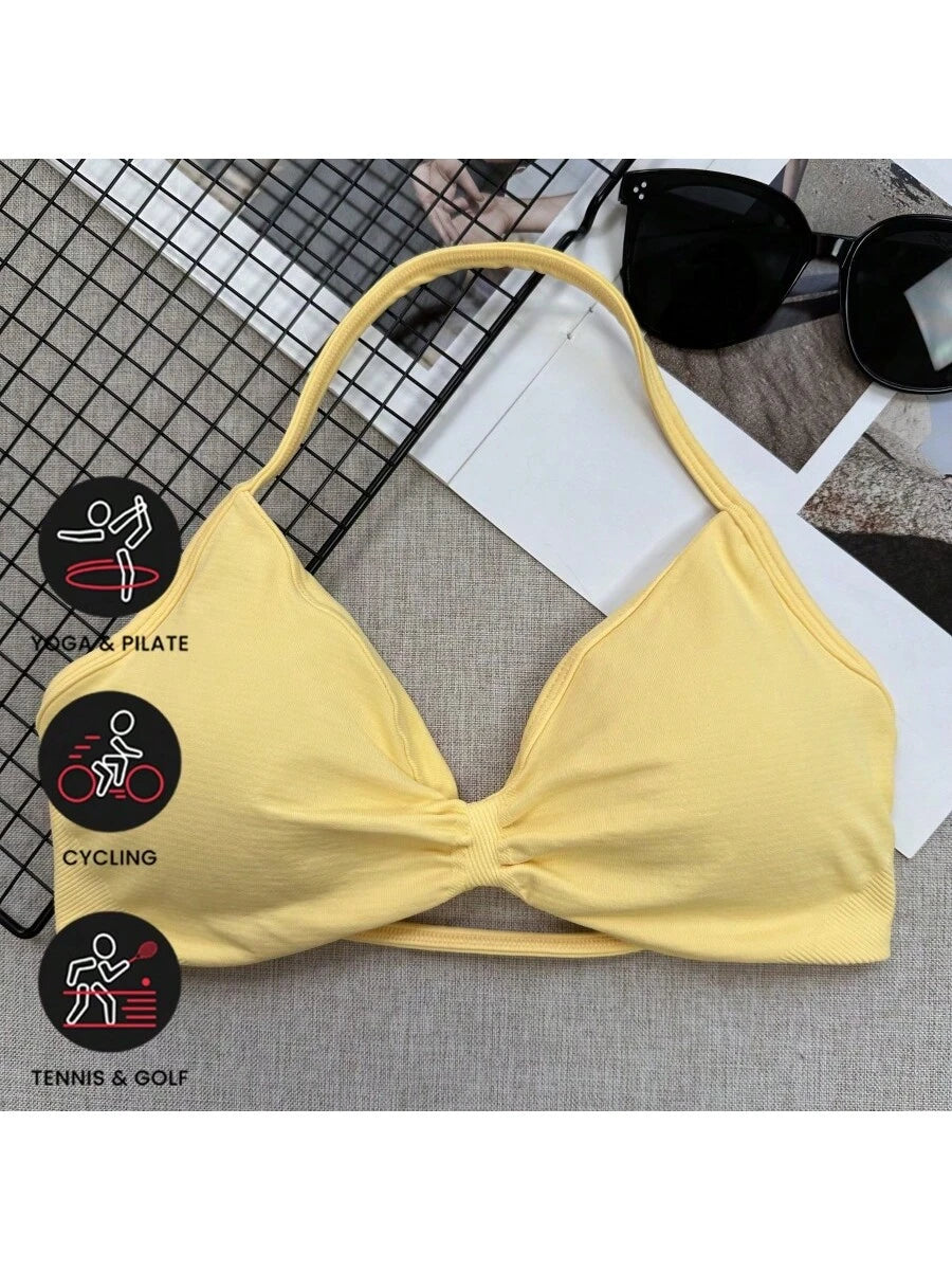 Backless Spaghetti Strap Sports Bra | Seamless Cropped Yoga Workout Camisole Top with Light Support