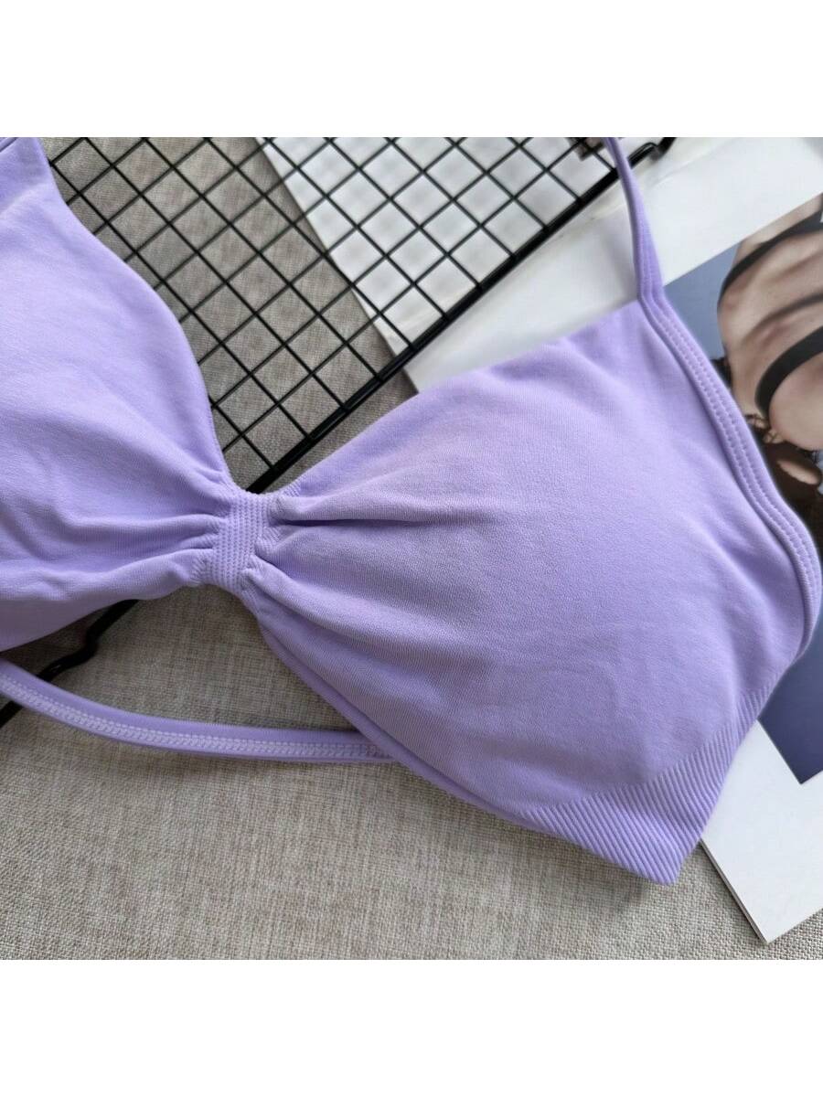 Backless Spaghetti Strap Sports Bra | Seamless Cropped Yoga Workout Camisole Top with Light Support