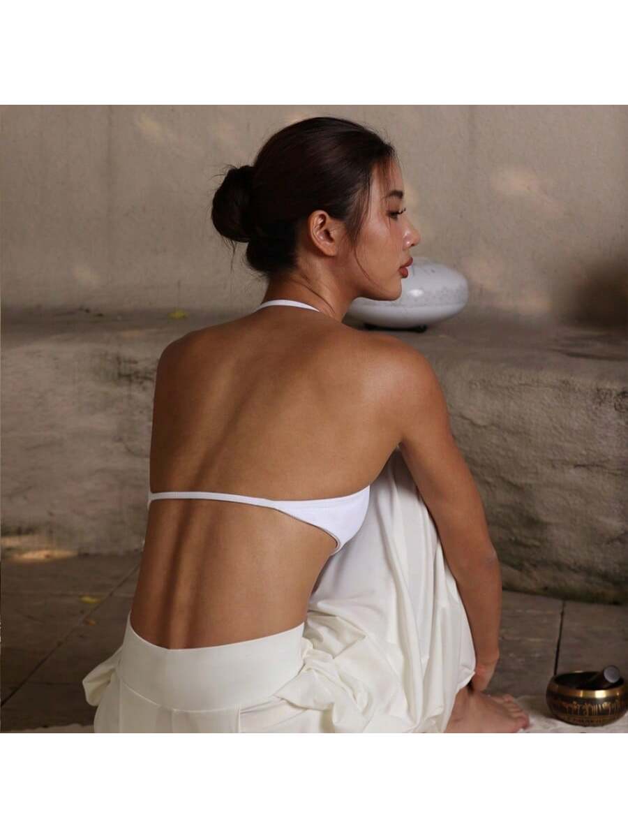 Backless Spaghetti Strap Sports Bra | Seamless Cropped Yoga Workout Camisole Top with Light Support