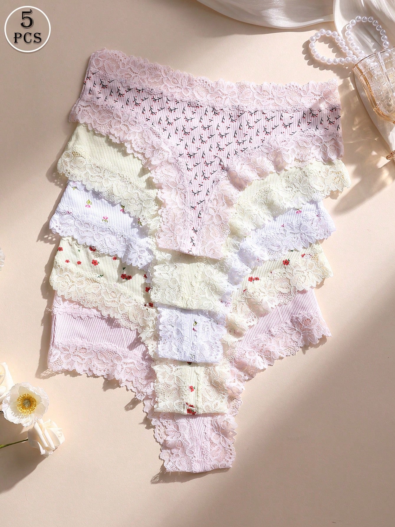 5-Piece Lace Thong Set | Seamless Low-Rise Breathable Fit | Comfort for Daily & Active Use