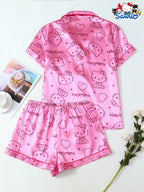 Sweet Kitty Satin Pajama Set – 2-Piece Lapel Button-Up & Bow Detail Shorts
