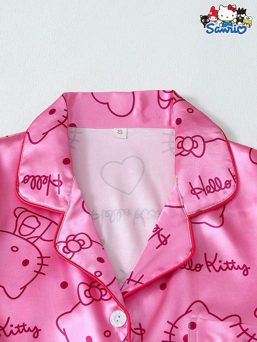 Sweet Kitty Satin Pajama Set – 2-Piece Lapel Button-Up & Bow Detail Shorts