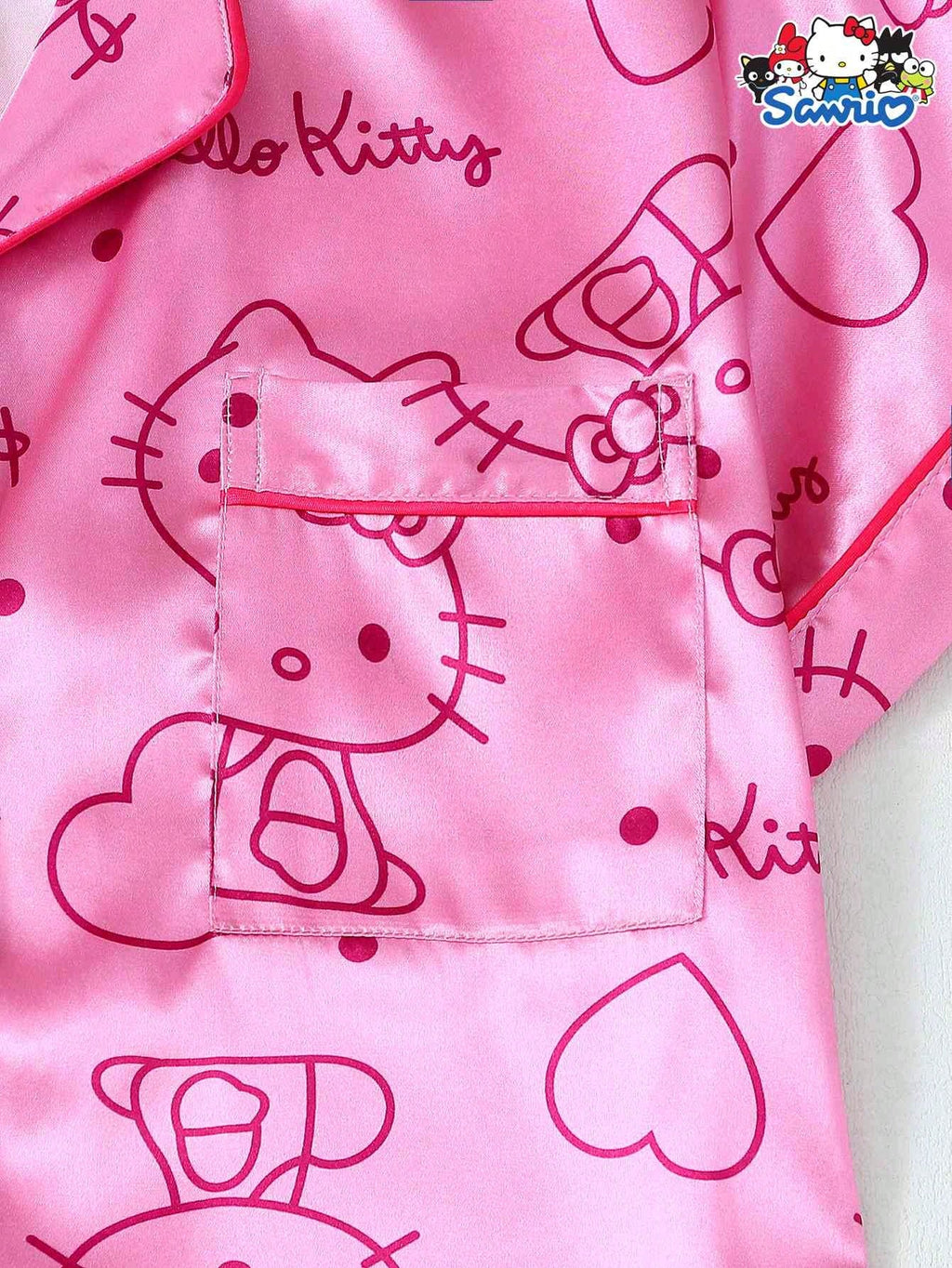 Sweet Kitty Satin Pajama Set – 2-Piece Lapel Button-Up & Bow Detail Shorts