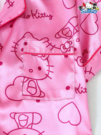 Sweet Kitty Satin Pajama Set – 2-Piece Lapel Button-Up & Bow Detail Shorts