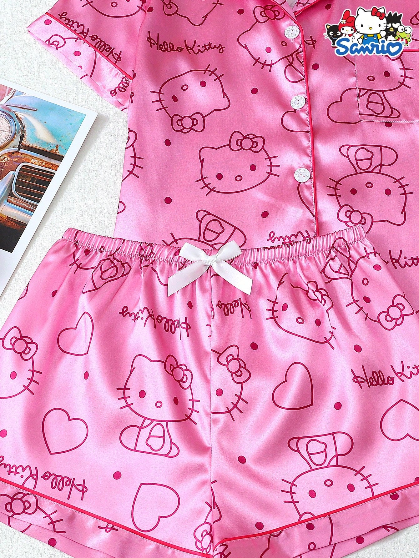 Sweet Kitty Satin Pajama Set – 2-Piece Lapel Button-Up & Bow Detail Shorts