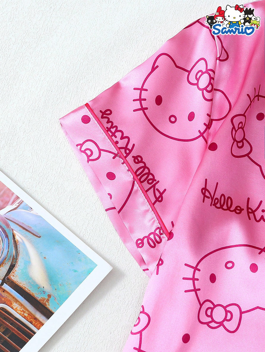 Sweet Kitty Satin Pajama Set – 2-Piece Lapel Button-Up & Bow Detail Shorts