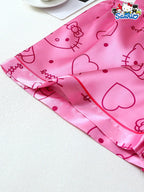Sweet Kitty Satin Pajama Set – 2-Piece Lapel Button-Up & Bow Detail Shorts