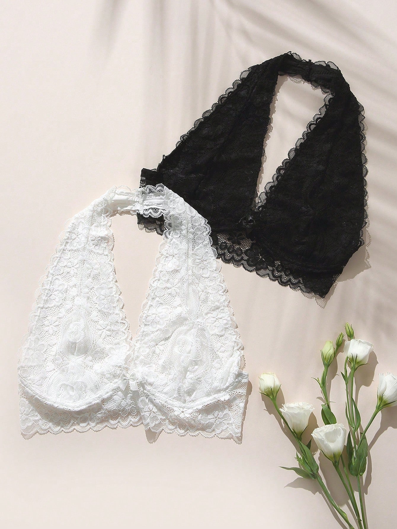 2-Pack Floral Lace Halter Bra Set | Soft Wireless Comfortable Fit | Everyday & Lingerie Wear