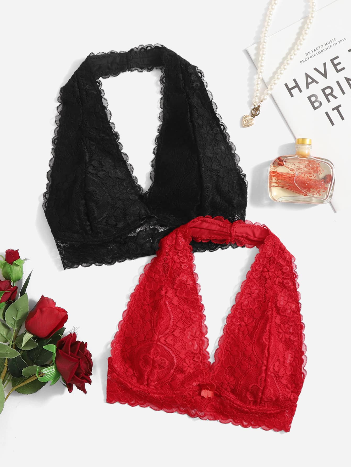 2-Pack Floral Lace Halter Bra Set | Soft Wireless Comfortable Fit | Everyday & Lingerie Wear