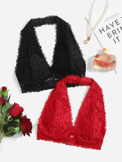 2-Pack Floral Lace Halter Bra Set | Soft Wireless Comfortable Fit | Everyday & Lingerie Wear