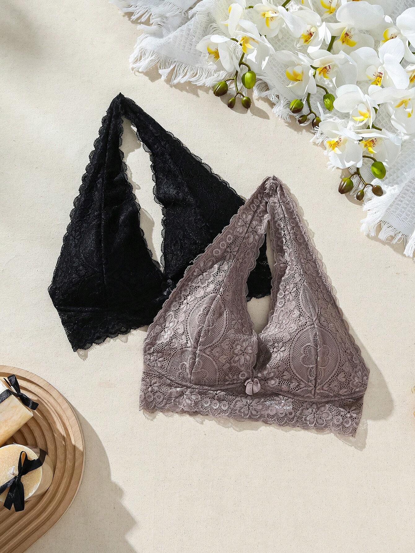 2-Pack Floral Lace Halter Bra Set | Soft Wireless Comfortable Fit | Everyday & Lingerie Wear