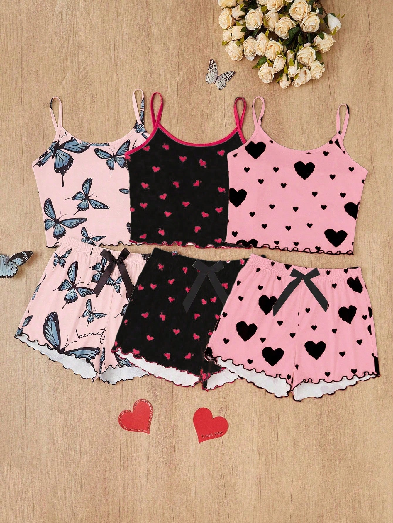 3-Piece Heart & Bow Print Pajama Set – Camisole, Shorts, and Matching Top