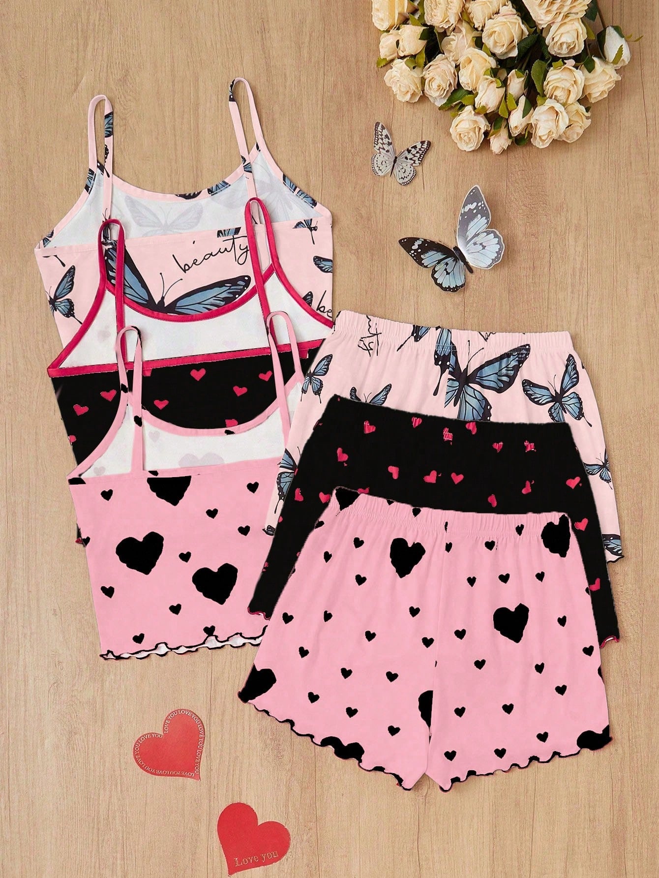 3-Piece Heart & Bow Print Pajama Set – Camisole, Shorts, and Matching Top