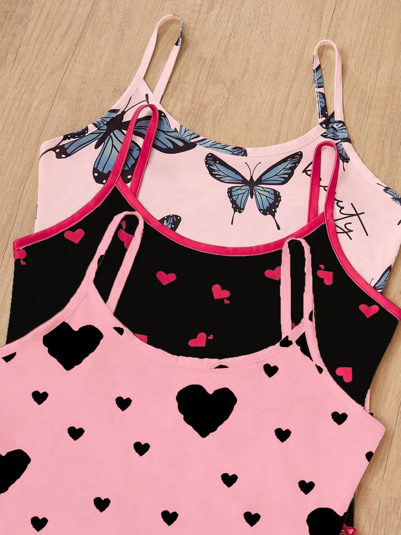 3-Piece Heart & Bow Print Pajama Set – Camisole, Shorts, and Matching Top