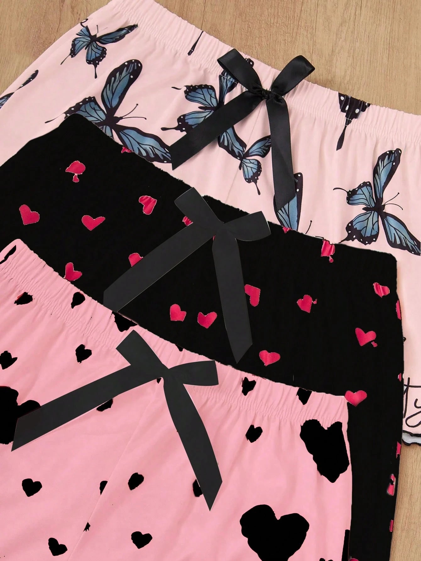 3-Piece Heart & Bow Print Pajama Set – Camisole, Shorts, and Matching Top