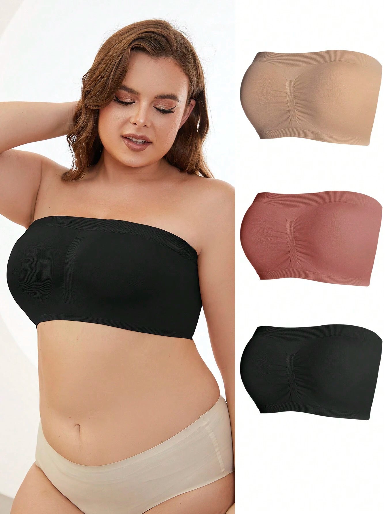 3-Pack Plus Size Seamless Wireless Bras | Elegant Bandeau Bras | Non-Padded Comfort Fit | Soft Stretch Everyday Lingerie