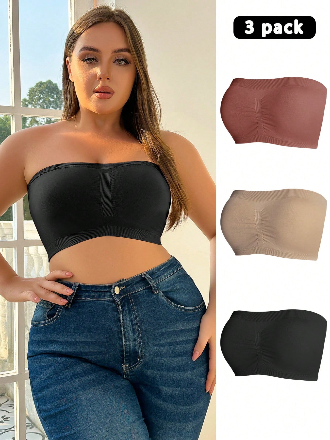 3-Pack Plus Size Seamless Wireless Bras | Elegant Bandeau Bras | Non-Padded Comfort Fit | Soft Stretch Everyday Lingerie