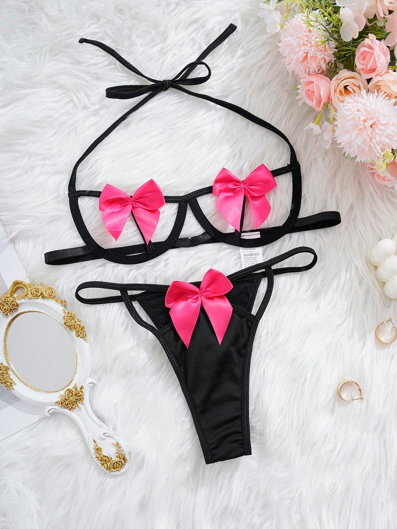 Bow Decor Underwire Bra and Thong Set for Women, Cut-Out Design