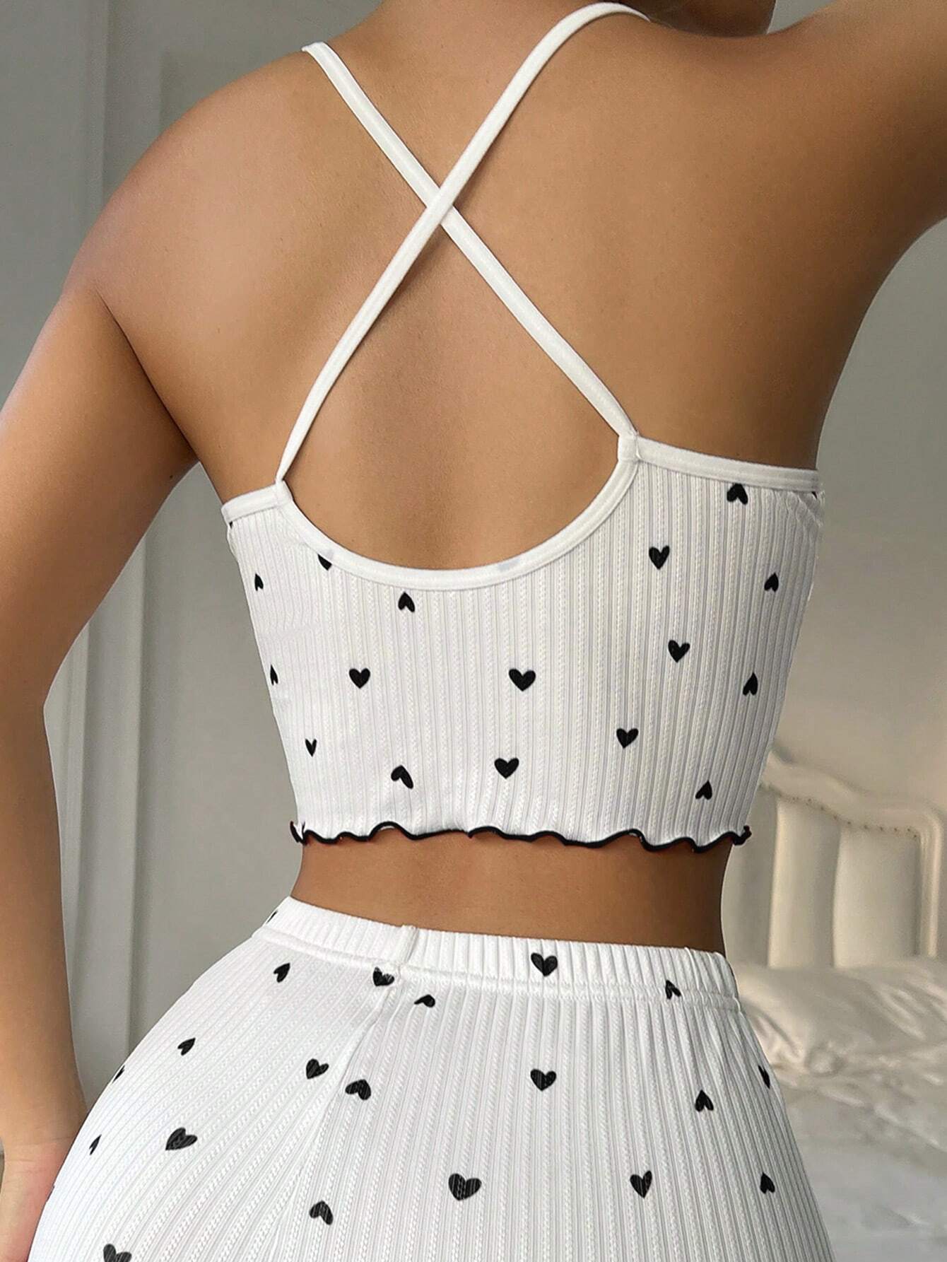 Heart Print Cami Lounge Top | Lettuce Trim & Bow Detail