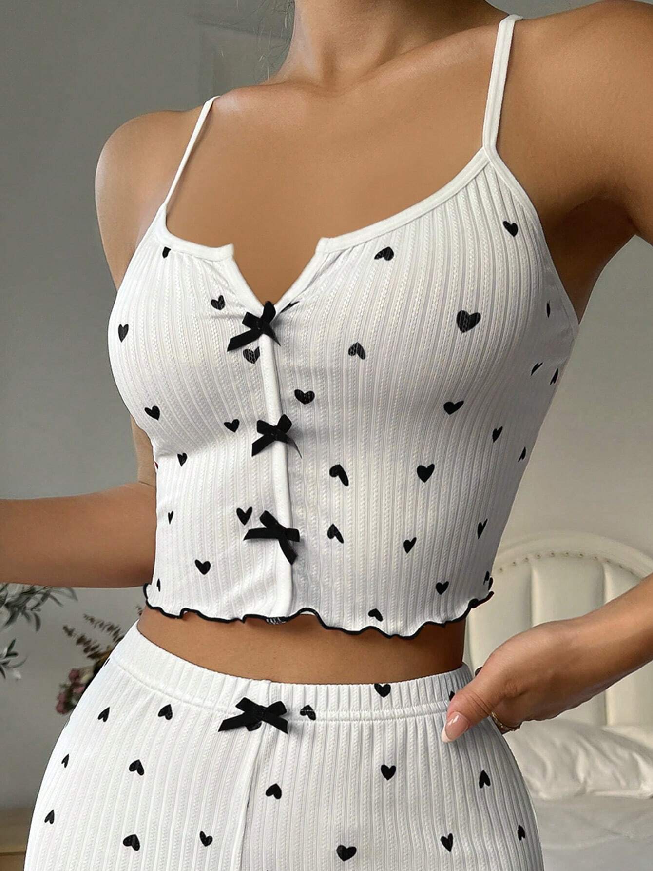 Heart Print Cami Lounge Top | Lettuce Trim & Bow Detail