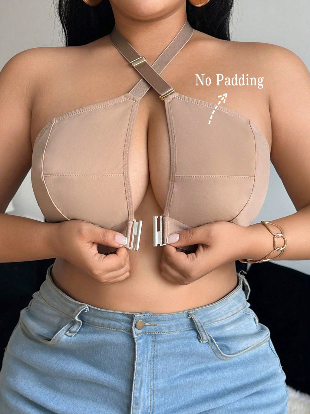 Plus Size Front Closure Halter Bra | Wireless Comfort Support Bra | Easy Wear Soft Stretch Everyday Bralette | Seamless Lift Design