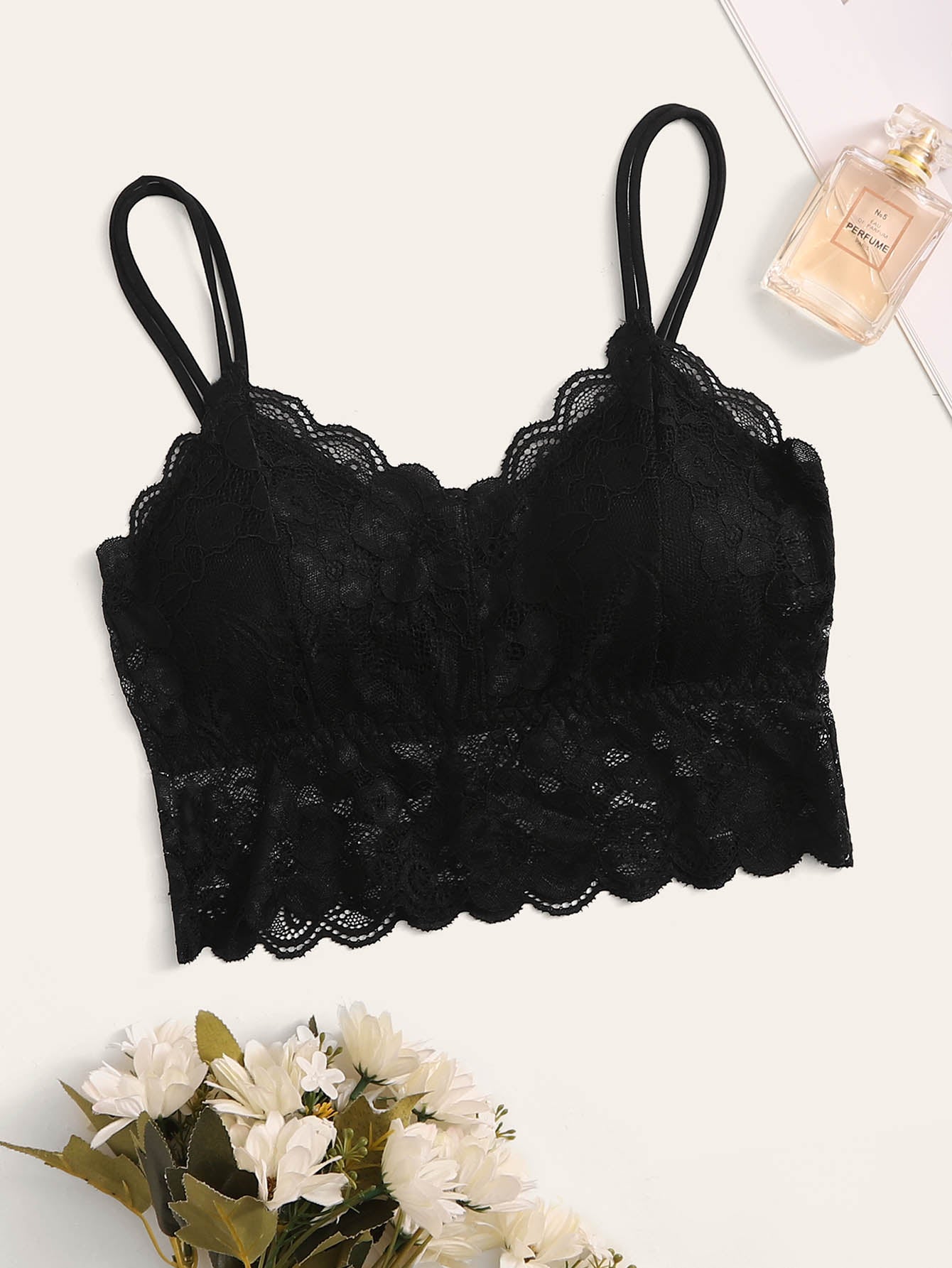 French Lace Scallop Bralette | Wide Strap Wireless Comfort Bra  |  Soft Medium Stretch | Elegant Romantic Lingerie