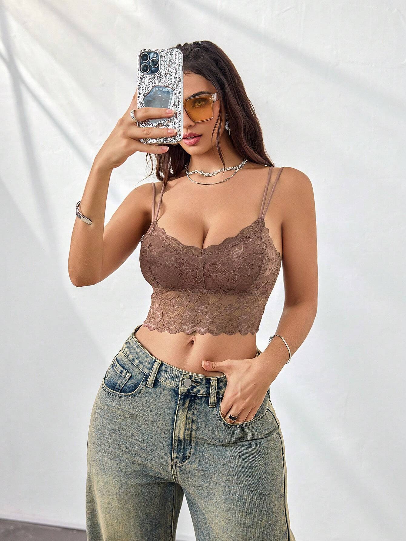 French Lace Scallop Bralette | Wide Strap Wireless Comfort Bra  |  Soft Medium Stretch | Elegant Romantic Lingerie