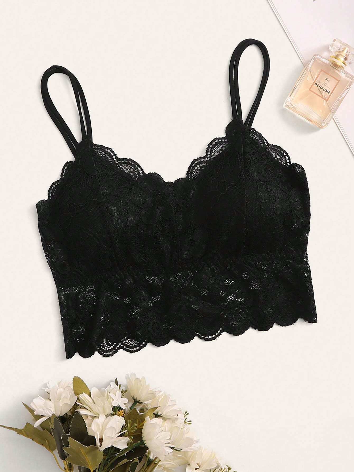 French Lace Scallop Bralette | Wide Strap Wireless Comfort Bra  |  Soft Medium Stretch | Elegant Romantic Lingerie