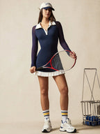Direct & Essential Women's Color Block Pleated Collar Long Sleeve Sport Dress