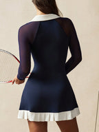 Direct & Essential Women's Color Block Pleated Collar Long Sleeve Sport Dress