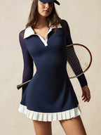 Direct & Essential Women's Color Block Pleated Collar Long Sleeve Sport Dress