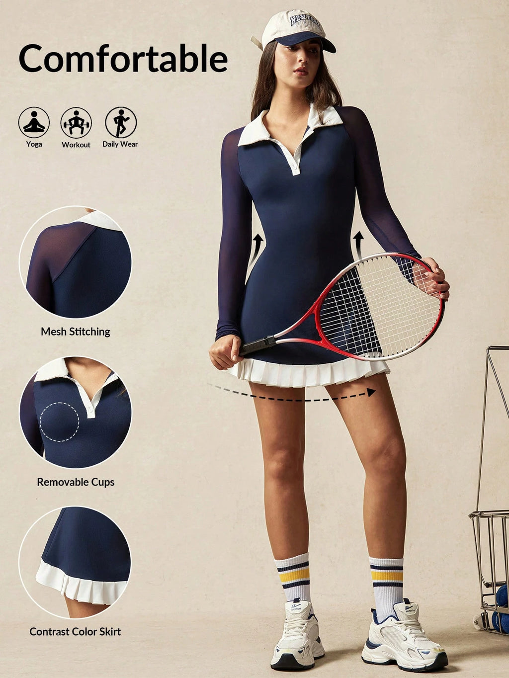 Direct & Essential Women's Color Block Pleated Collar Long Sleeve Sport Dress