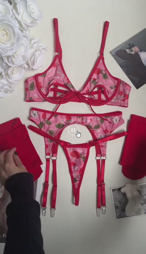 Women’s Floral Lace Lingerie Set, 4 Piece Underwire Bra, Thong & Stockings